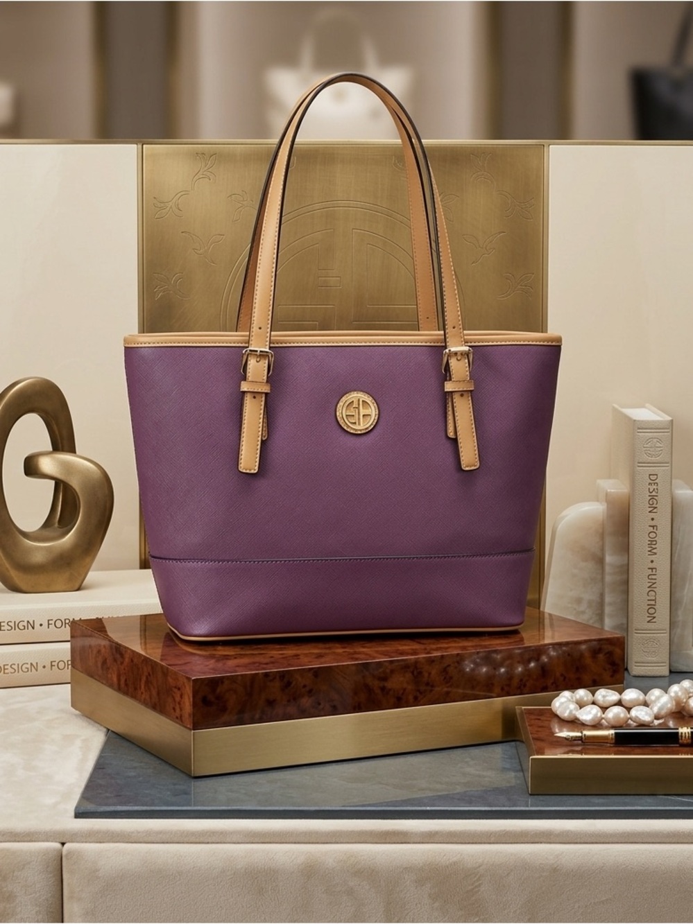GIANI BERNINI~ AUTHENTIC TAN AND CRANBERRY COLOR SHOULDER TOTE HANDBAG / NWOT